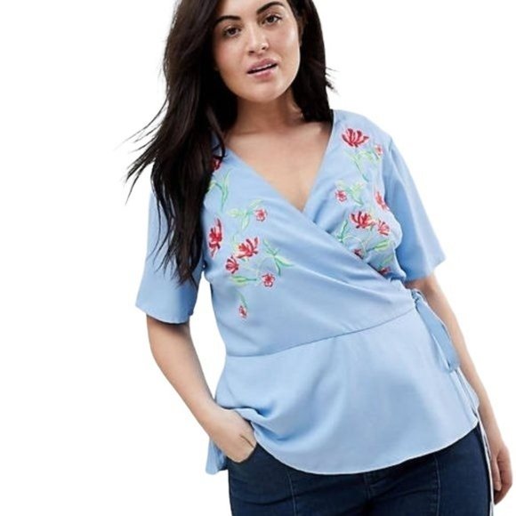 Asos Blue Floral Embroidered Wrap Peplum Top Size 18 NWT - Picture 9 of 10